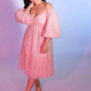 Eloquii Pink Off-Shoulder Midi Dress with Bishop Sleeves